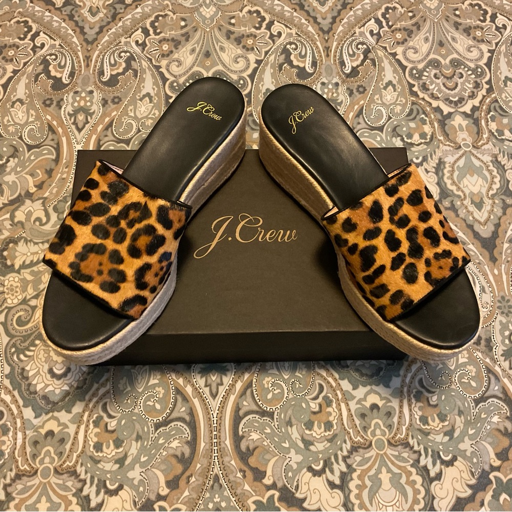 NWT J Crew Haircalf Camilla Leopard Espadrille Slide Women’s Sz 9